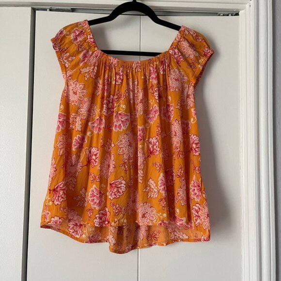 Old Navy Floral Peasant Top Flowy Blouse Boho Chic Orange Pink L - Picture 1 of 4